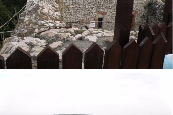 Rozhľadňa na streche hradu a pohľad z nej na dedinu Várgestes