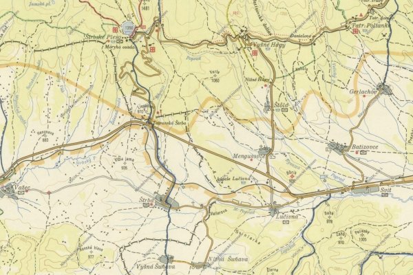 Úsek Štrba - Štrbské Pleso bez zubačky na mape v 50. rokoch
