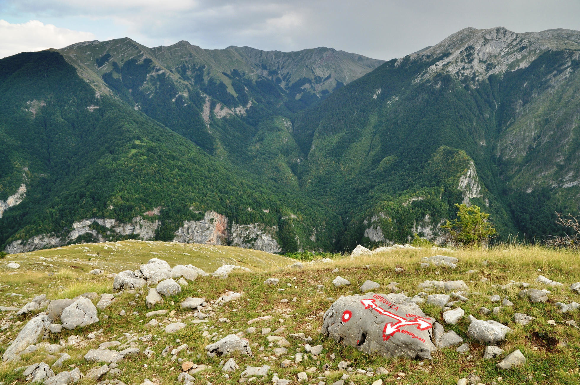 Križovatka chodníkov pri zaniknutej osade Donji Lukomir, vzadu planina Visočica (autor foto: Martin Baniari)