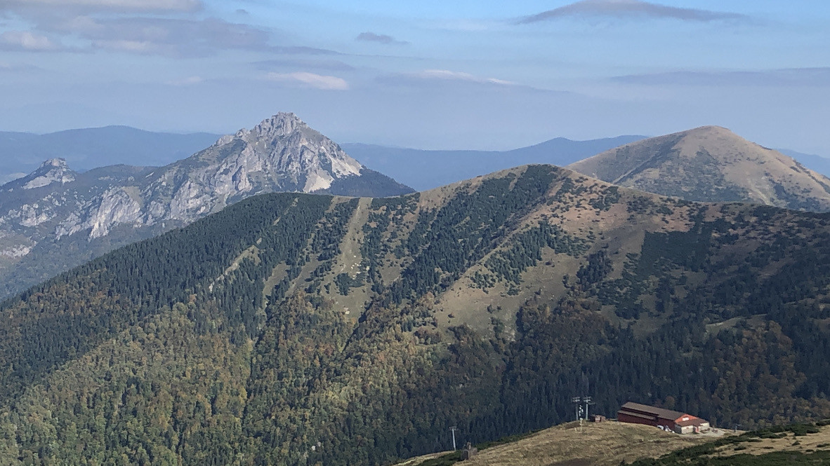 Vrcholová stanica lanovky, v popredí zľava Poludňový grúň a Steny, za nimi zľava Malý Rozsutec, Veľký Rozsutec a Stoh, úplne vzadu na obzore vrchy Oravskej Magury