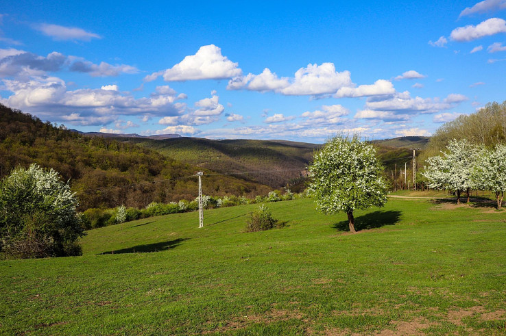 Jarná pohoda nad obcou Jelení Kameň) (Szarvaskő), v pozadí Bukové hory