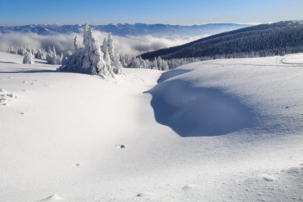 Snehová duna a vzadu početné vrcholky Veľkej Fatry a hrebeň Nízkych Tatier