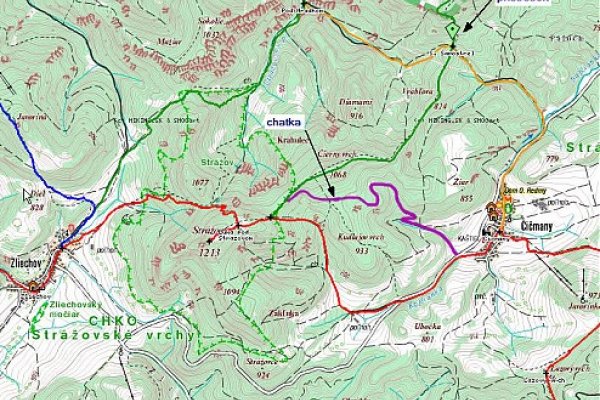 Mapka alternatívnej trasy z Čičmian na Strážov s polohou chatky Kudľajovo