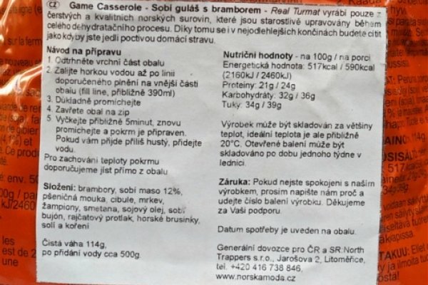 Infoštítok sobieho guláša so zemiakmi v češtine