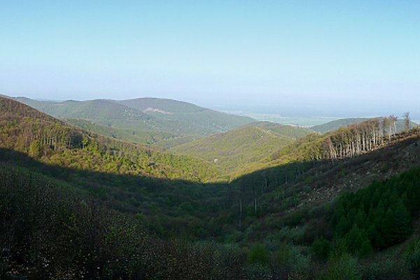 Prvé výhľady na trase, v strede Jastrabník (543 m n. m.)