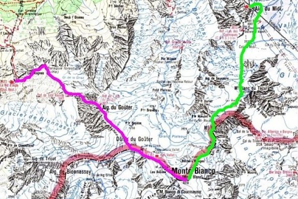 plánovaná trasa: z Aiguille du Midi cez Mt. Blanc do Le Nid d´Aigle